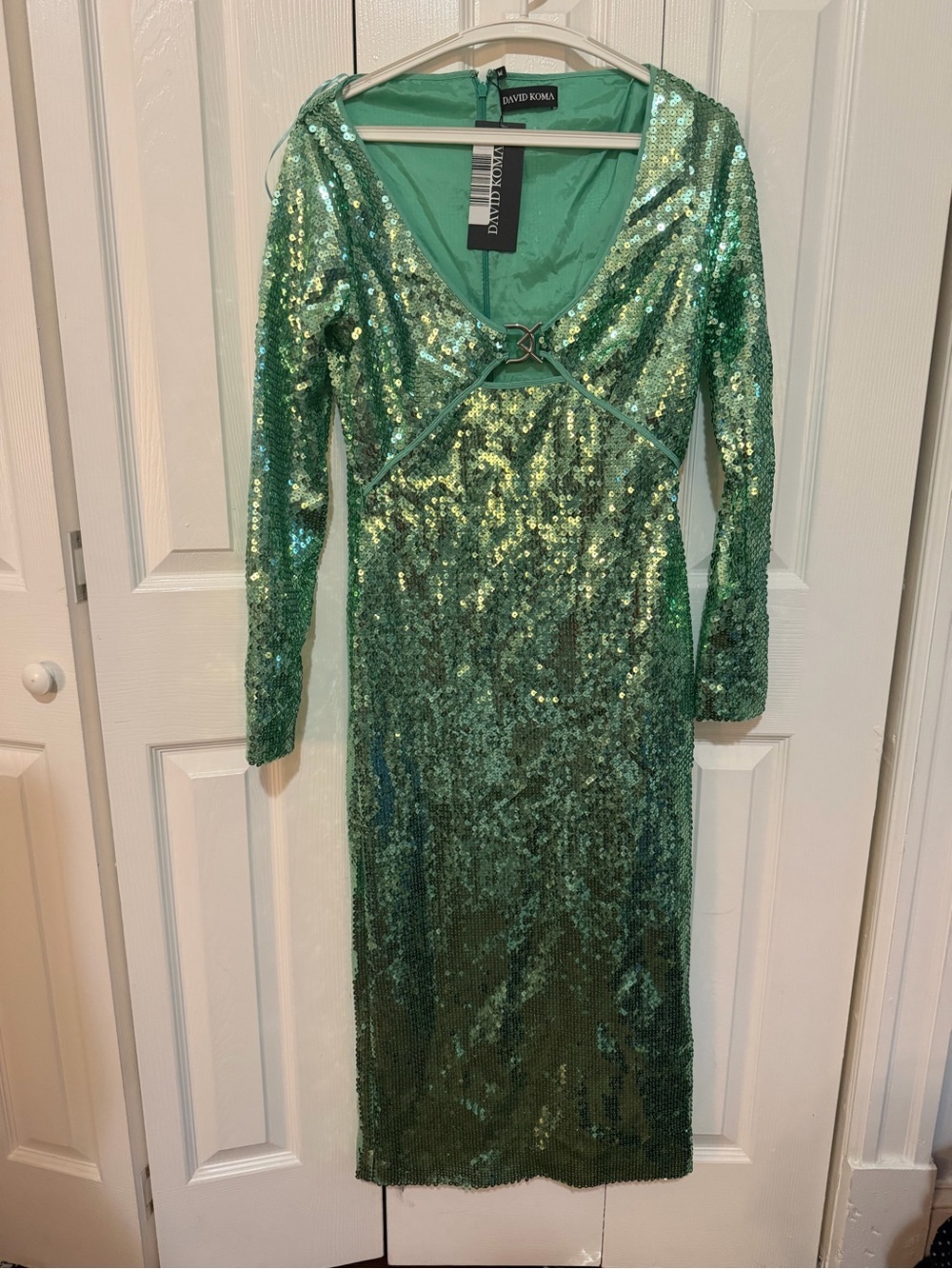 David Koma Logo Buckle Sequin Midi Dress Green UK Size 6 NWT